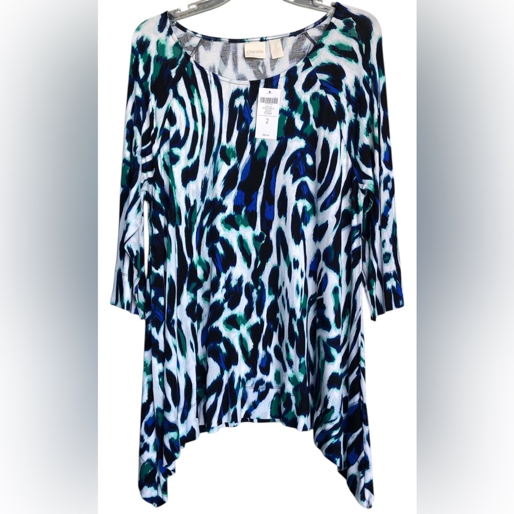 CHICO’S N.W.T. Size 2 (12-14) Chic Zebra Print Blouse Blue,Green, and White